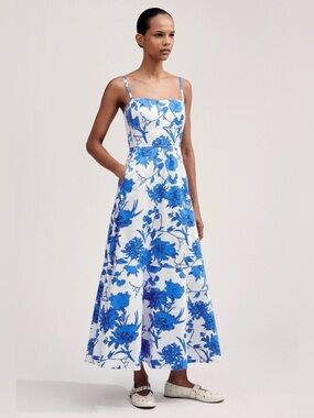 ME+EM 2 Blue Cotton Scribbled
Flower Print Maxi Dress White EUC Sundress